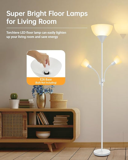 Floor Lamp White, Standing Lamp, 71" Tall Lamps for Living Room, 3 Way Switch, Plastic Lampshade, Torchiere Floor Lamp with Reading Lamps, Modern Pole Lamps for Bedroom Kids Room E26 Base(No Bulb)