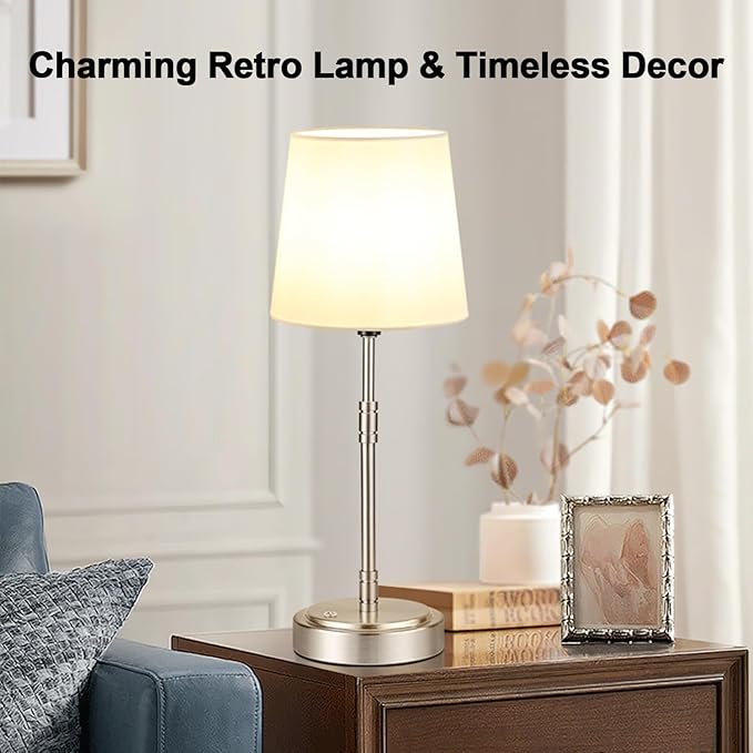 Cordless Table Lamps Set of 2 – Battery Operated Lamp with 7500mAh Rechargeable Battery, Stepless Dimmable Vintage Brushed Nickel Touch Desk Lamps for Dining Room, Nightstand & Patio (Bulbs Included)