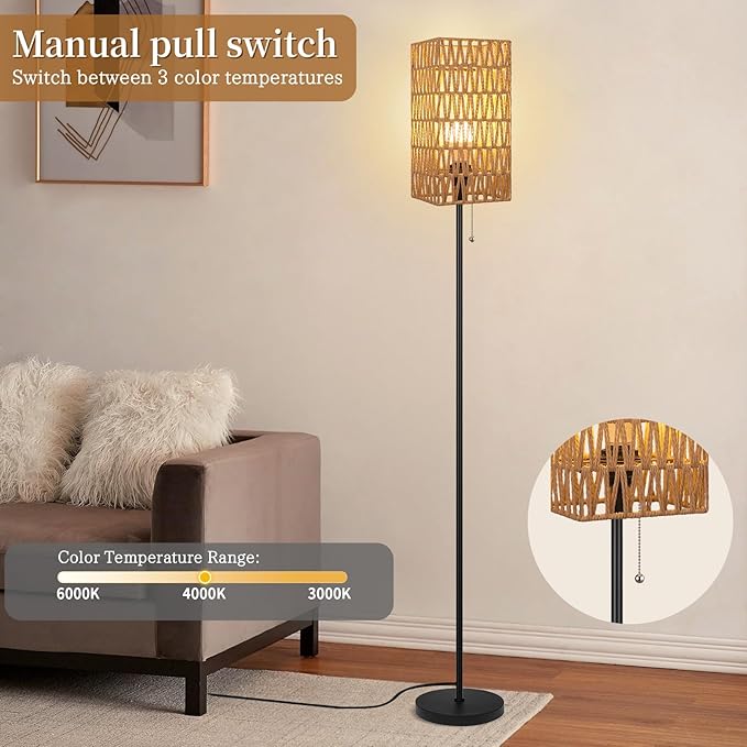 Floor Lamp for Living Room,Farmhouse Floor lamp,Modern Standing lamp with Hand-Worked Rattan Shade (Square Shade-3 Color Blub)