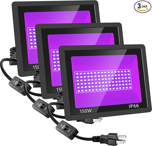 150W LED Black Lights, Blacklight Floodlight 395nm, Waterproof Purple Black Light Flood Light Fluorescent Lights Lamp for Paint, Party, Halloween Decor (3 Pack)