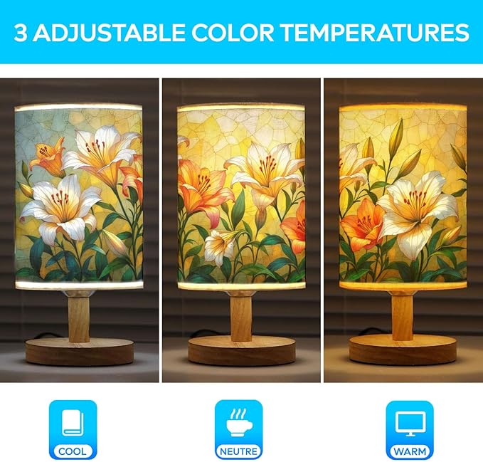 Lily Table Lamp LED 3-Color Pressed Bedside, Lily Shade Lamp with Wood Base for Bedroom Living Room Desk Office