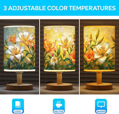 Lily Table Lamp LED 3-Color Pressed Bedside, Lily Shade Lamp with Wood Base for Bedroom Living Room Desk Office
