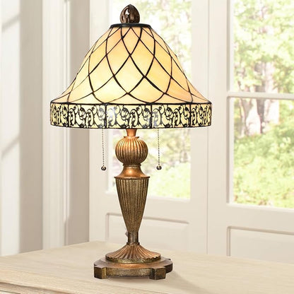 TL0028 Tiffany Table Lamp Stained Glass Lampshade Beige-Like Color with Geometric Pattern, Warm Glow & Elegant Design, Antique Finished Lamp Base, W 14 X H 24 Inches, LED Bulb Included