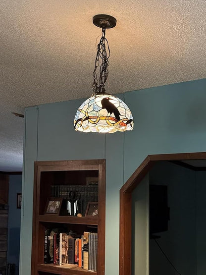 Bieye S10956 Raven Sitting on Bare Tree Tranch Against Full Moon Tiffany Style Stained Glass Lampshade (Dark Blue, 12Wx7.75H)