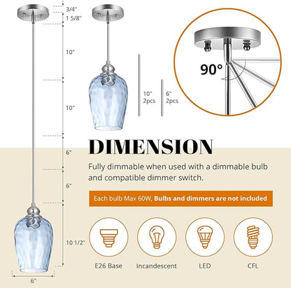 Glass Pendant Lights Kitchen Island, Brushed Nickel Pendant Light Fixtures with Hand-Blown Clear Glass, Modern Hanging Light for Kitchen Sink Dining Room Bedroom, E26 (Blue, 1pack)