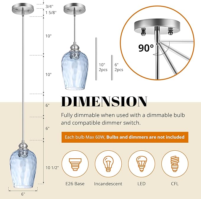 Glass Pendant Lights Kitchen Island, Brushed Nickel Pendant Light Fixtures with Hand-Blown Clear Glass, Modern Hanging Light for Kitchen Sink Dining Room Bedroom, E26 (Blue, 2pack)