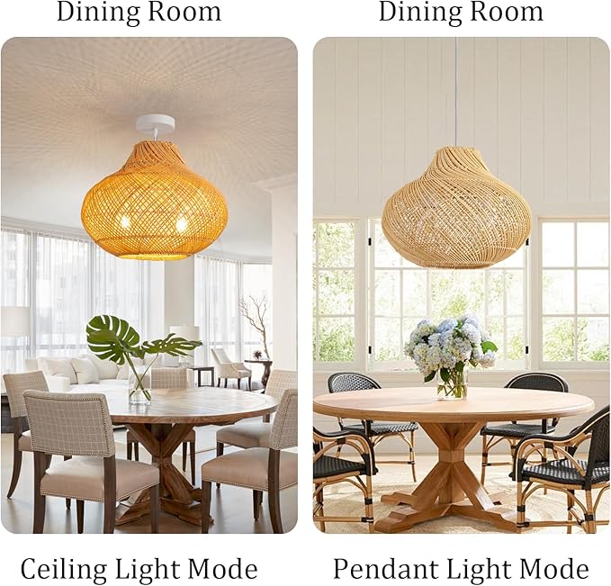 2-Light Rattan Pendant Light,14.96" Hanging Light,Round Wicker Pendant Light Hand-Woven Rattan Chandelier for Workplace Dining Living Bedroom Kitchen Farmhouse