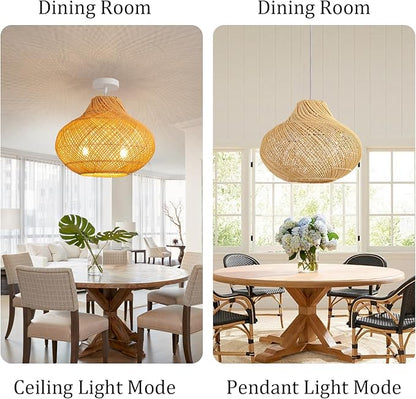2-Light Rattan Pendant Light,14.96" Hanging Light,Round Wicker Pendant Light Hand-Woven Rattan Chandelier for Workplace Dining Living Bedroom Kitchen Farmhouse