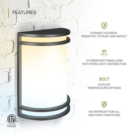 ASD 10 Inch LED Outdoor & Indoor Wall Mount Light Fixture - Matte Black Modern Wall Sconce Lighting - 15W 120-277V 3000K 4000K 5000K Adjustable Dimmable Front Door & Patio Exterior Lights - ETL