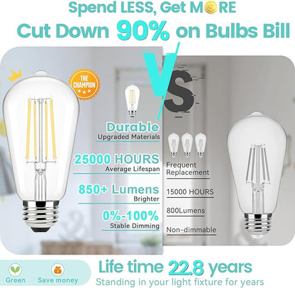 Brightever Dimmable LED Light Bulbs 60W Equivalent, 4000K Cool White Edison Light Bulb, 7W, 850LM Vintage E26 Base Bulb, 90+CRI, ST58 Clear Glass Antique LED Filament Bulbs for Bathroom, 6-Pack