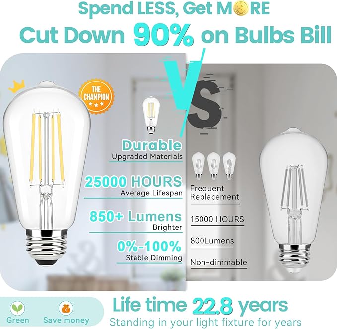 Brightever Edison Bulbs 60W Equivalent, 4000K Cool White Dimmable LED Light Bulb, 7W, 850LM Vintage E26 Light Bulb, 90+CRI, ST58 Clear Glass Antique Decor LED Filament Bulbs for Bedroom, 10 Pack
