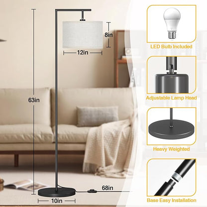 Floor Lamp for Living Room with 3 Color Temperatures Standing Lamp with Adjustable Beige Linen Lampshade Tall Lamps for Bedroom Office Classroom Dorm Room, 9W LED Bulb Included, Black
