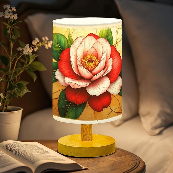 Camellia Table Lamp LED 3-Color Pressed Bedside, Camellia Shade Lamp with Wood Base for Bedroom Living Room Desk Office TL01