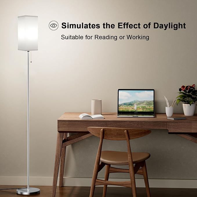 Floor Lamps for Living Room Bedroom - 3 Color Temperature Silver Floor Lamp Set of 2, Modern Standing Lamps with Pull Chain Switch White Shade, Tall Lamp for Corner Office(2 Pack)