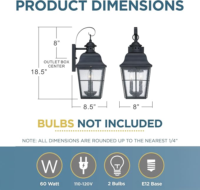 Quoizel Millhouse Outdoor Wall Lantern, 18.5 Inch, 2-Light Mystic Black Traditional Wall Sconce, Clear Seeded Glass, 60W, Exterior Wall Lantern Fixture, Outside Lights for Patio, Porch, Garage or Yard