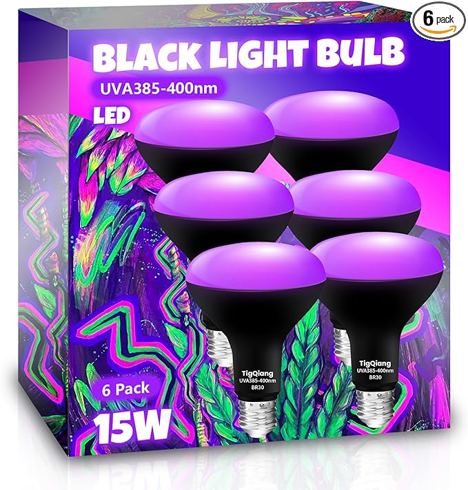 6 Pack Black Light Bulbs, Blacklight Bulb 120W Equivalent, E26 BR30 LED Black Light Bulb 385-400nm for Halloween Christmas Decorations, Body Paint, Glow in The Dark Party, Fluorescent Poster