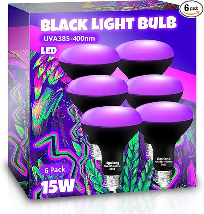 6 Pack Black Light Bulbs, Blacklight Bulb 120W Equivalent, E26 BR30 LED Black Light Bulb 385-400nm for Halloween Christmas Decorations, Body Paint, Glow in The Dark Party, Fluorescent Poster