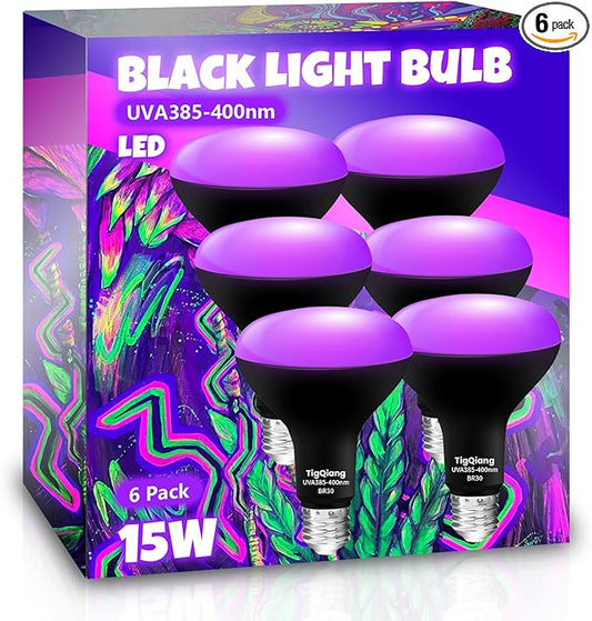 6 Pack Black Light Bulbs, Blacklight Bulb 120W Equivalent, E26 BR30 LED Black Light Bulb 385-400nm for Halloween Christmas Decorations, Body Paint, Glow in The Dark Party, Fluorescent Poster