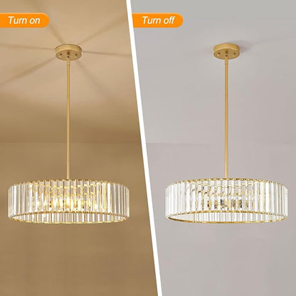 Modern Gold Semi Flush Mount Ceiling Light, Crystal Dining Room Chandelier Light Fixture, 6-Light Drum Lighting Fixtures for Foyer Kitchen Living Room Bedroom (19.6 inch)