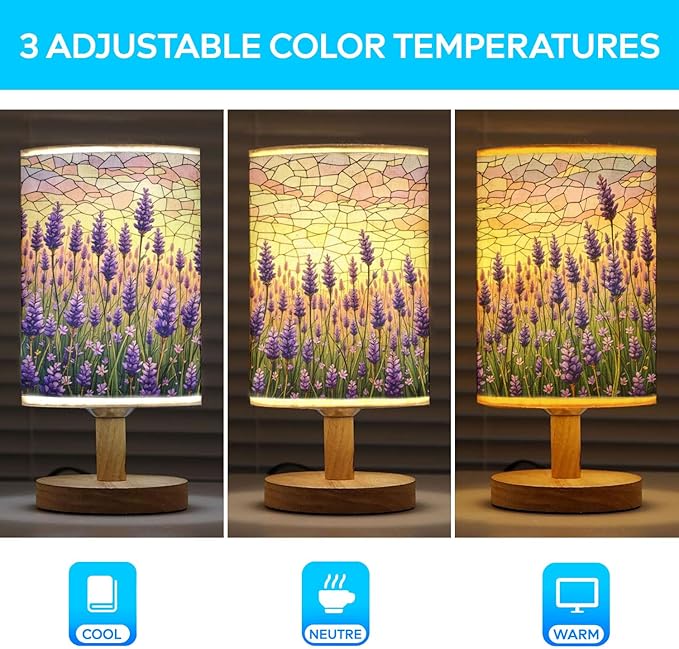 Lavender Table Lamp LED 3-Color Pressed Bedside, Lavender Shade Lamp with Wood Base for Bedroom Living Room Desk Office TL01