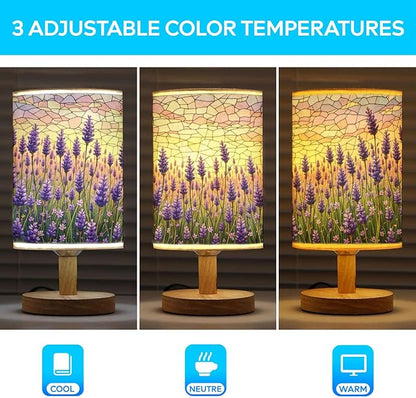 Lavender Table Lamp LED 3-Color Pressed Bedside, Lavender Shade Lamp with Wood Base for Bedroom Living Room Desk Office TL01