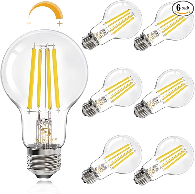 Energetic Dimmable A19 LED Edison Light Bulb, 12W Equivalent 100W, 1600LM High Brightness, 5000K Daylight, Clear Antique LED Filament Bulb for Home, Bathroom, E26 Standard Base, 6-Pack