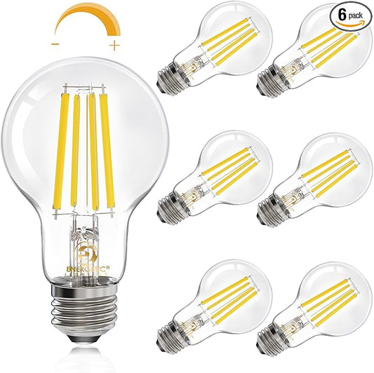 Energetic Dimmable A19 LED Edison Light Bulb, 12W Equivalent 100W, 1600LM High Brightness, 5000K Daylight, Clear Antique LED Filament Bulb for Home, Bathroom, E26 Standard Base, 6-Pack