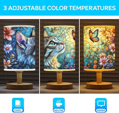 Cat and Butterfly Table Lamp LED 3-Color Pressed Bedside, Cat and Butterfly Shade Lamp with Wood Base for Bedroom Living Room Desk Office TL01