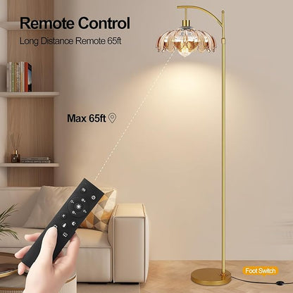 Gold Arc Floor Lamp for Living Room with Remote,Dimmable Modern Floor Lamps with Amber Glass Shade,Unique Vintage Flower Standing Tall Lamp,Mid Century Floor Lamps for Bedroom Office Corner