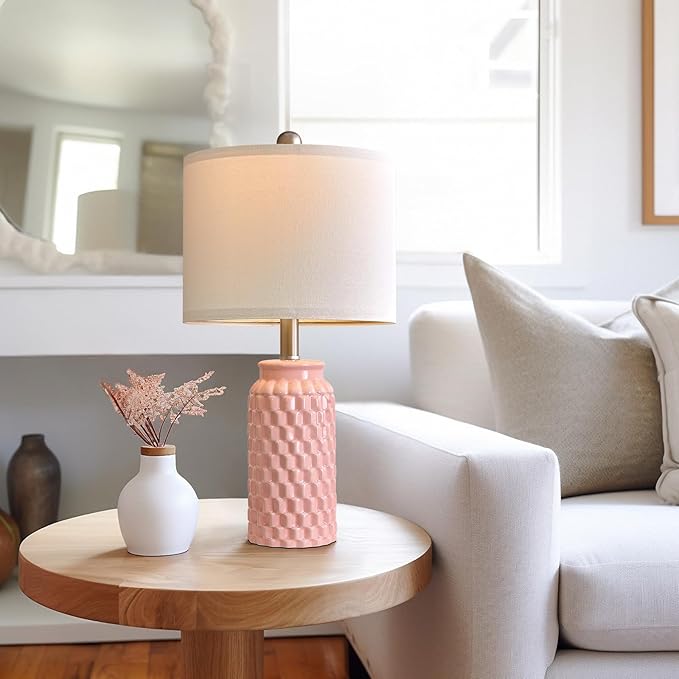 20.5" Set of 2 Bedside Table Lamps Modern Pink Honeycomb Ceramic - Linen Shade, E26 Knob Switch for Living Room, Bedroom & Nightstand