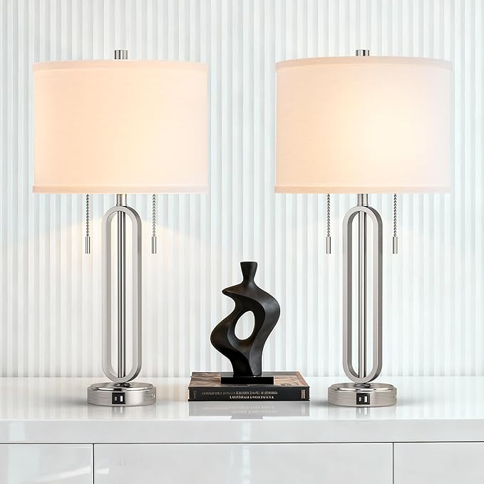 26.5’‘ Industrial Table Lamp Set of 2, Nickel Metal Bedside Lamp with USB C+ A Ports & Pull Chain, Modern Farmhouse Nightstand Lamp for Bedroom, Living Room, Home Office with White Shade