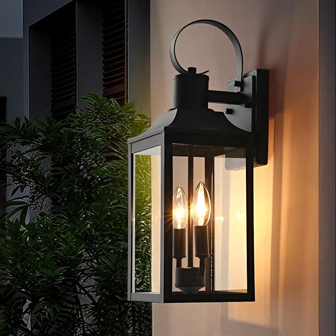 18.9" Black Outdoor Wall Sconce, 2-Light Industrial Porch Light with Clear Glass, Weather-Resistant Farmhouse Lighting Fixture for Porch, Patio,Garage Modern Wall Mount Exterior Lamp (1 Pack)