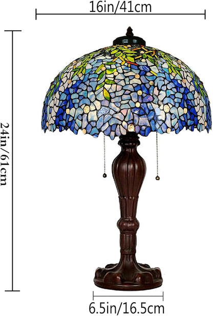 MAGCOLOR Table Lamps, Tiffany Style Stained Glass Purple Wisteria Table Lamp with 16 inches Handmade Lampshade and Brown Round Lamp Base Made of Zinc Alloy,Suitable for Decorating Room