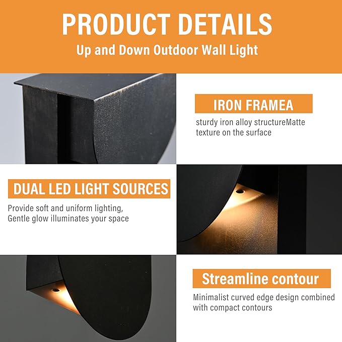 Alighting Modern Outdoor Wall Light 1 Pack, Dual LED Downward Wall Sconce 10W 3000K, Waterproof Black Iron Exterior Wall Mount Light Fixture, Hardwired for Porch, Front Door, Garage, Patio