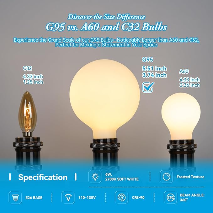 Frosted Edison Bulbs 60 Watt LED Equivalent, No Dimmable 6 Watt Light Bulbs, 2700k Soft White, E26 Standard Base LED Globe Bulb G30/G95 Vintage Bulbs, 2 Pack
