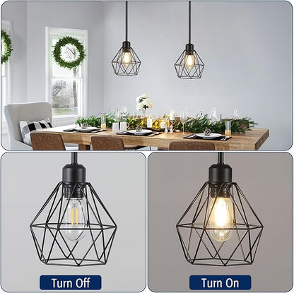 2 Pack Black Pendant Lights Kitchen Island, Modern Farmhouse Hanging Light Fixture with Metal Cage Shade, Industrial Pendant Light for Kitchen Dining Area Entryway, Adjustable Height