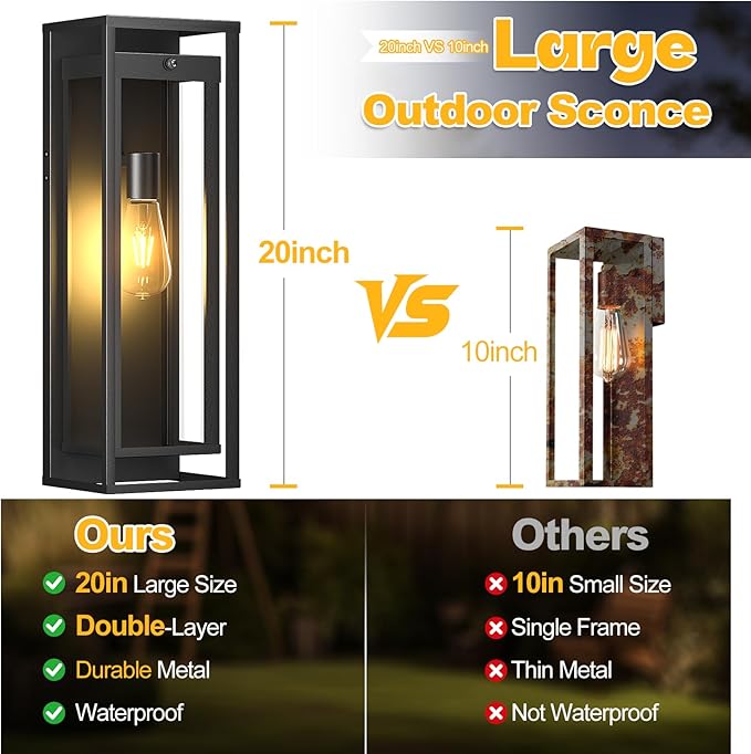 Extra Large Dusk to Dawn Outdoor Lighting-20in Modern Waterproof Sconce Wall Mounted E26 Black Porch Lights Exterior Lighting Fixture for Coach Doorway Patio