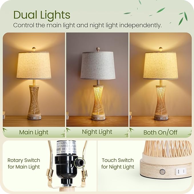 24.4” Farmhouse Rattan Table Lamps Set of 2, Touch Bedside Lamps for Bedroom with 3-Way Dimmable Night Light, USB A+C Charging Ports, Bamboo Boho Nightstand Lamp with Beige Linen Shade H04TL05