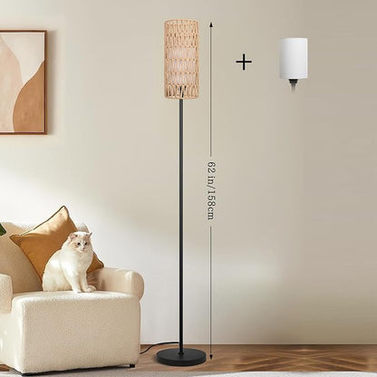 Floor Lamp for Living Room,Farmhouse Floor lamp,Modern Standing lamp with Hand-Worked Rattan Shade (Double Shade-with Remote)