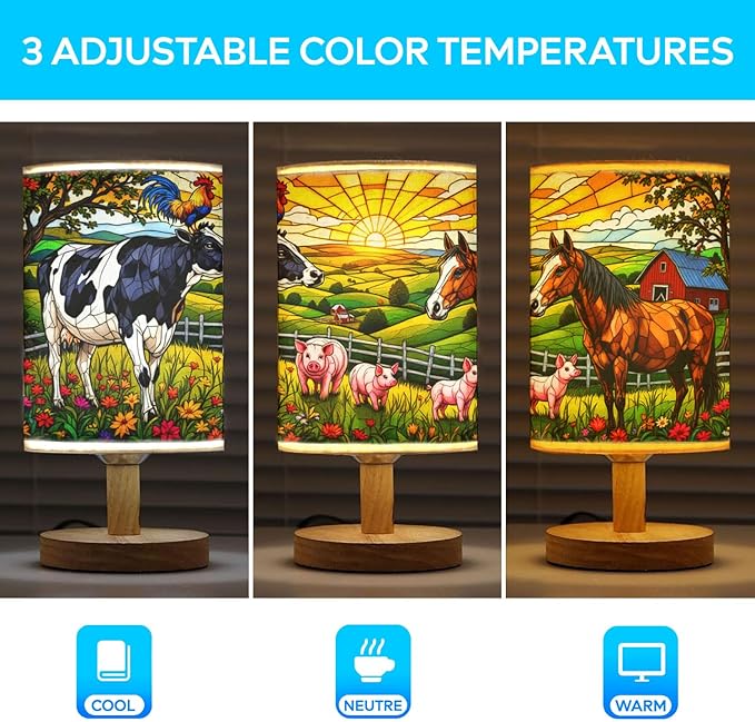 Farm Animals Table Lamp LED 3-Color Pressed Bedside, Farm Animals Shade Lamp with Wood Base for Bedroom Living Room Desk Office TL01