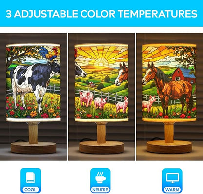 Farm Animals Table Lamp LED 3-Color Pressed Bedside, Farm Animals Shade Lamp with Wood Base for Bedroom Living Room Desk Office TL01