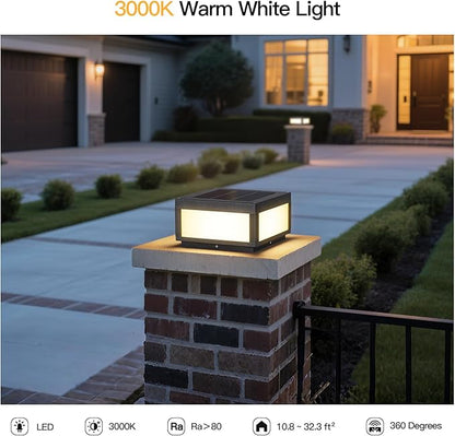 Solar Post Lights, 11.8" Pillar Light Outdoor, Modern Column Lights, Fence Posts Cap Lamp Solar Powered, Square 3000K LED Light Fixture IP54 Waterproof for Garden Deck Patio Outside Lighting
