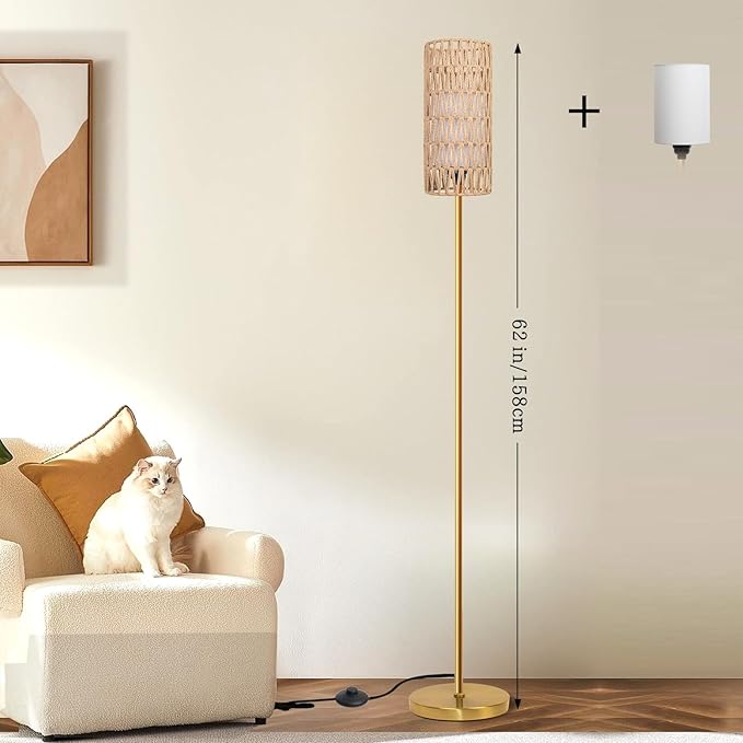 Floor Lamp for Living Room,Farmhouse Floor lamp,Modern Standing lamp with Hand-Worked Rattan Shade (Round Rattan Shade Gold Color-3 Color Bulb)
