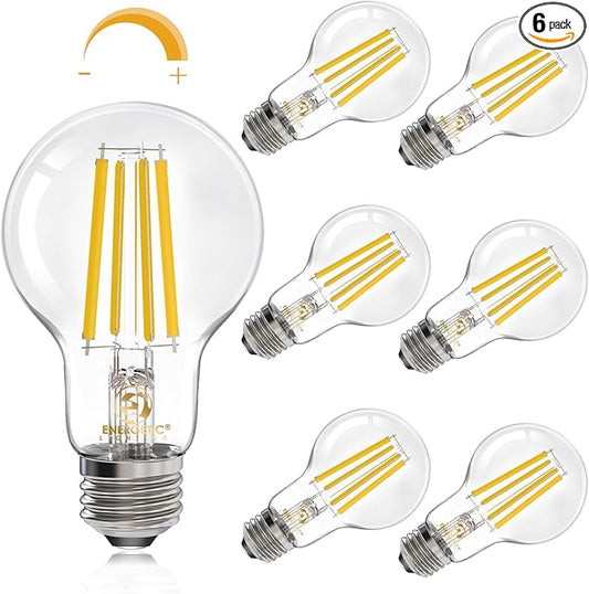 Energetic Dimmable A19 LED Edison Light Bulb, 12W Equivalent 100W, 1600LM High Brightness, 3000K Warm White, Clear Antique LED Filament Bulb for Home, Bathroom, E26 Standard Base, 6-Pack