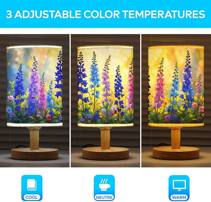 Larkspur Table Lamp LED 3-Color Pressed Bedside, Larkspur Shade Lamp with Wood Base for Bedroom Living Room Desk Office
