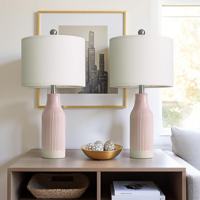 23.75inch Pink Modern Ceramic Bedside Lamp Set of 2 for Bedroom Decor Farmhouse Table Lamp for Living Room Office Dorm