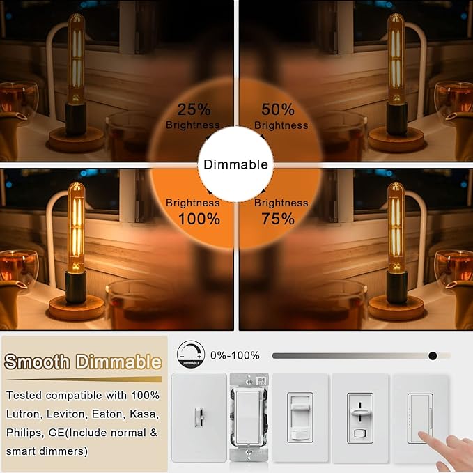 7.3 Inch 2200K Edison Bulbs Amber Dimmable,Vintage Style Decorative Antique Light Bulb,T10 Long Tubular LED Light Bulbs,6W E26 LED Bulb 80 Watt,UL Listed(4 Pack)