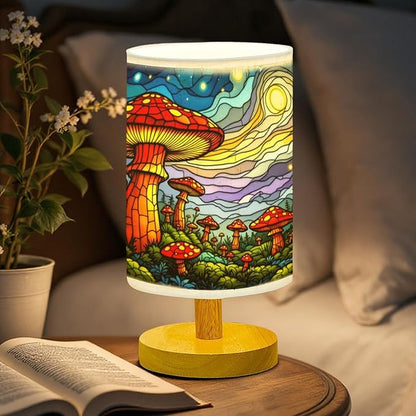 Mushroom Forest Table Lamp LED 3-Color Pressed Bedside, Mushroom Forest Shade Lamp with Wood Base for Bedroom Living Room Desk Office TL01