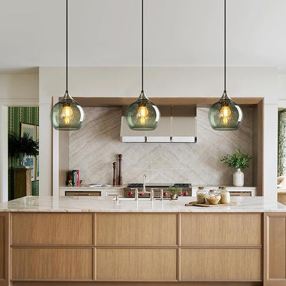 Gray Green Glass Pendant Lights Kitchen Island Lighting Globe Pendant Light Fixtures Modern Pendant Lighting for Kitchen Island Bedroom Living Dining Room Light Fixture(5.9in, 1-Pack)