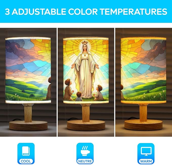 Our Lady of Fatima Apparition Table Lamp LED 3-Color Pressed Bedside, Our Lady of Fatima Apparition Shade Lamp with Wood Base for Bedroom Living Room Desk Office TL01